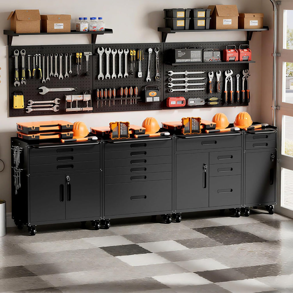 Garage Storage Cabinet,6 Drawer Metal Rolling Tool Cabinet with 2 Pegboard and 10 Hook,Heavy Duty Mechanics Tool Chest Storage for Workshop, Basement,Warehouse,Include Workbench Liner,Black