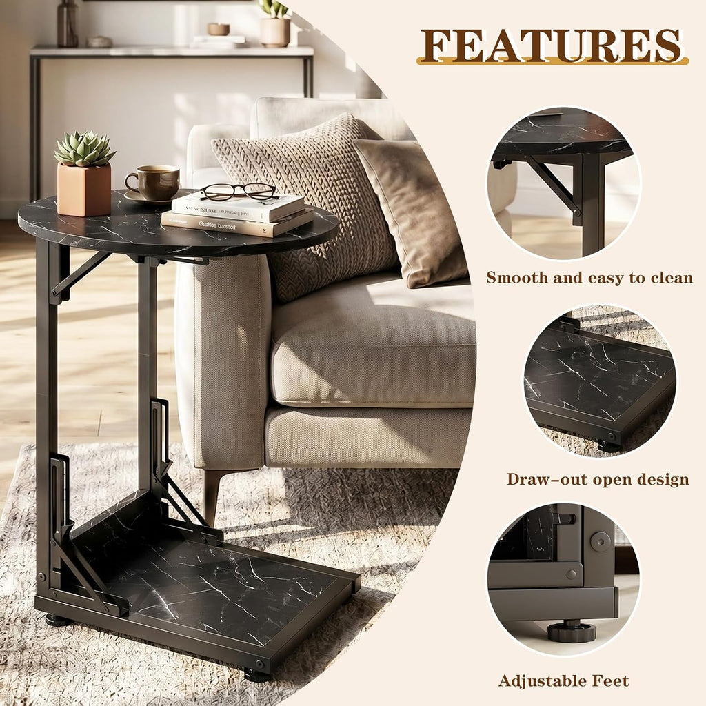 Folding Side Table, C Shaped End Table with Metal Frame, Round Couch Table & Slide Under Sofa TV Tray Table for Living Room, Bedroom, Small Spaces (Marble Black)