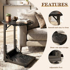 Folding Side Table, C Shaped End Table with Metal Frame, Round Couch Table & Slide Under Sofa TV Tray Table for Living Room, Bedroom, Small Spaces (Marble Black)