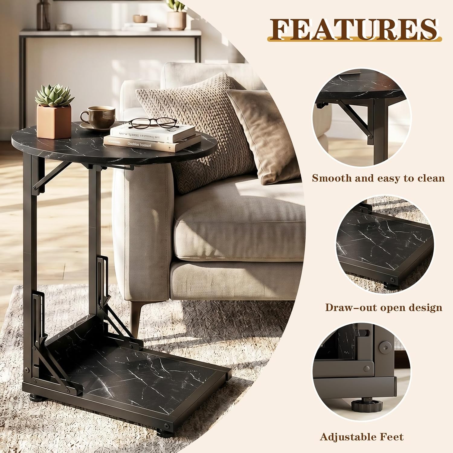 Folding Side Table, C Shaped End Table with Metal Frame, Round Couch Table & Slide Under Sofa TV Tray Table for Living Room, Bedroom, Small Spaces (Marble Black)