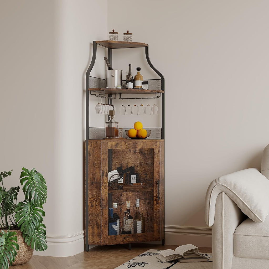Garvee Corner Wine Rack Cabinet for Liquor Cabinet with Adjustable Shelves, 61 in Industrial Tall Bar Cabinet Freestanding with Mesh Door and Glass Holder for Kitchen, Rustic Brown