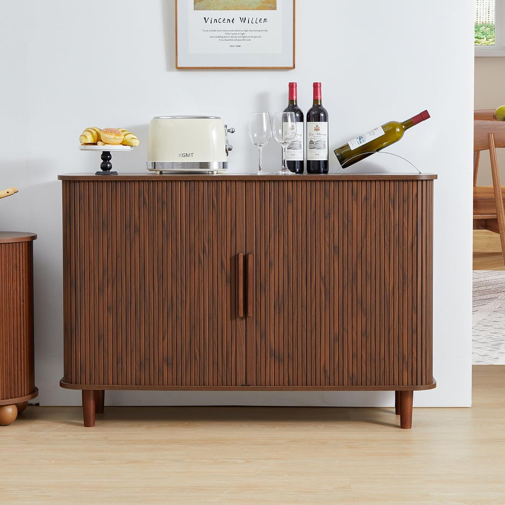 Fluted Sideboard Cabinet, Sideboard Buffet Cabinet with Storage and Sliding Doors, Modern Kitchen Storage Cabinet Coffee Bar Table for Living Room, Kitchen, Entryway (Walnut)