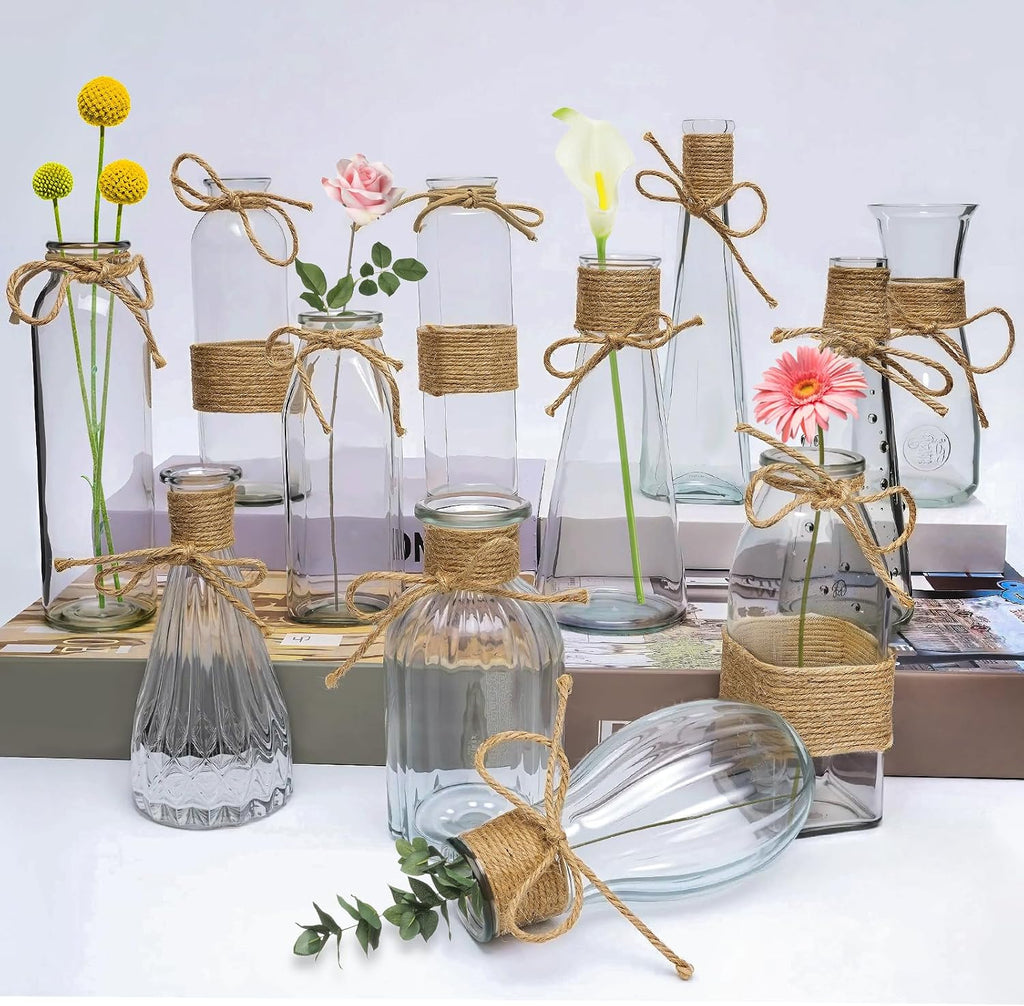 Glass Bud Vases Set of 12,Small Clear Glass Vases for Flowers 5.5 to 8.9Inch,Vintage Boho Glass Vases for Table Centerpieces, Decorative Vases for Wedding Farmhouse Homes,Bathroom Countertops