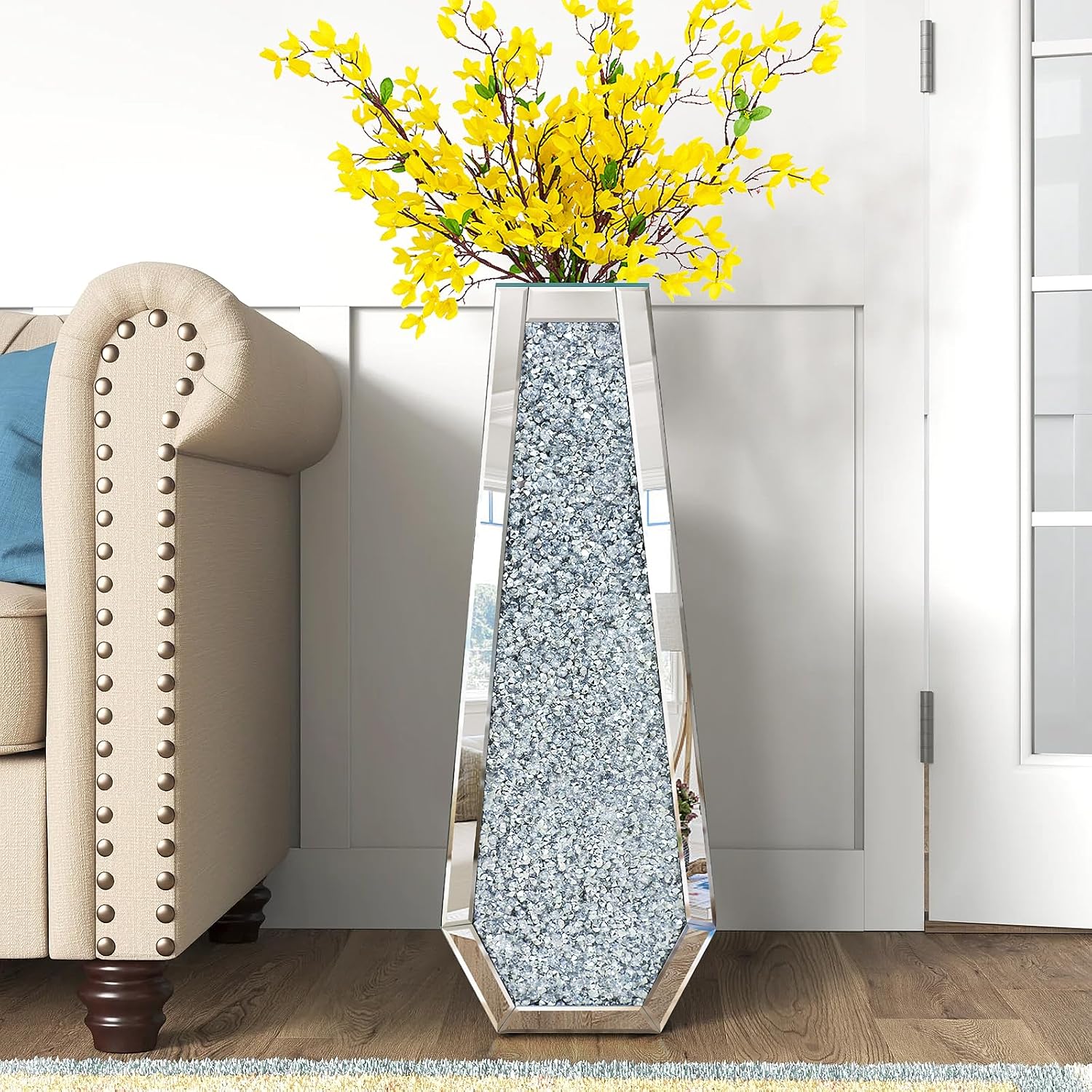 30" Tall Crushed Diamond Floor Vase, Silver Large Vases for Decor Living Room, Crystal Mirrored Home Decor Vases for Dried Flower