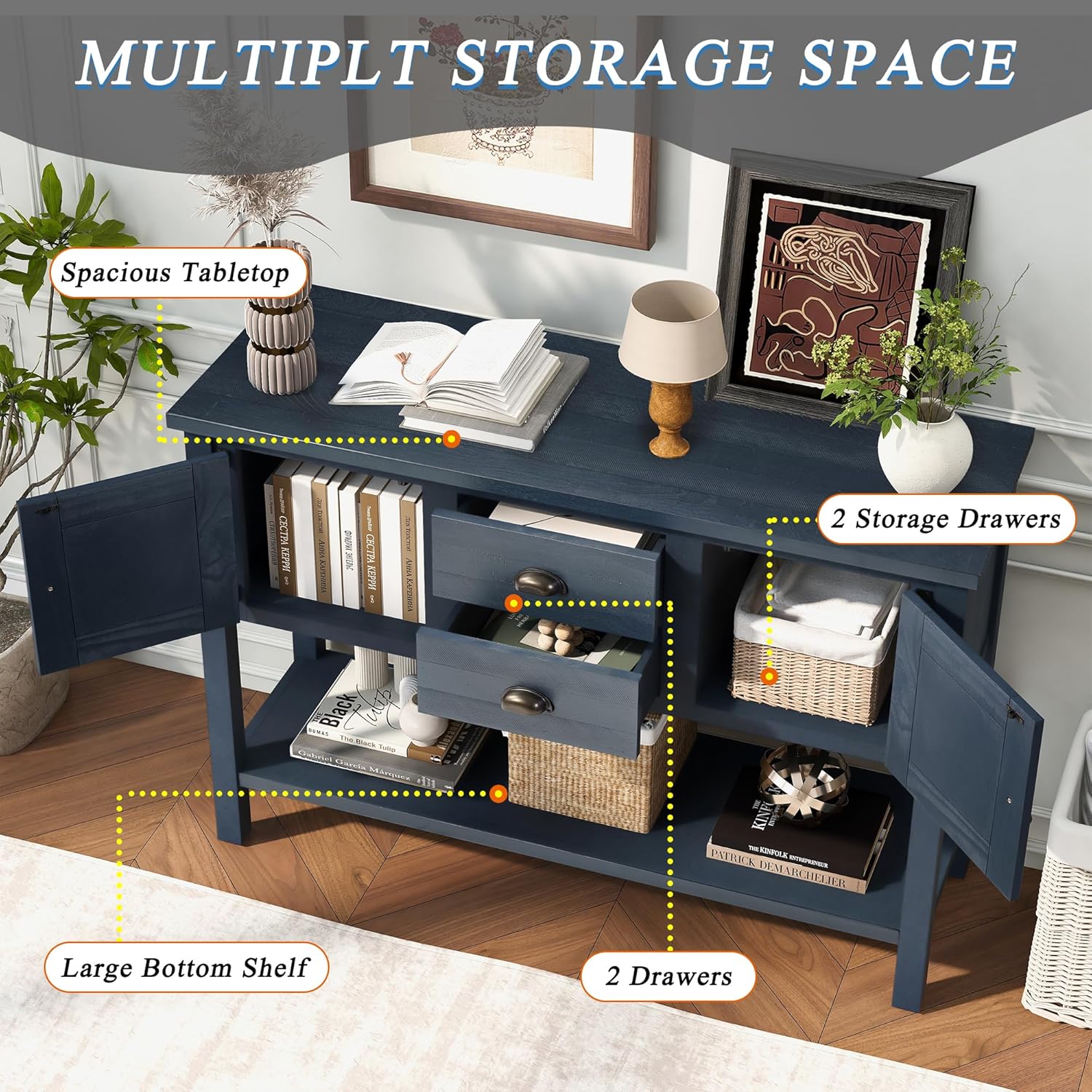 46'' Solid Wood Console Table Sideboard with 2 Drawers and Cabinets and Bottom Shelf, Retro Style Storage Dining Buffet Server Cabinet, for Living Room Kitchen Dining Room (Navy Blue-01)