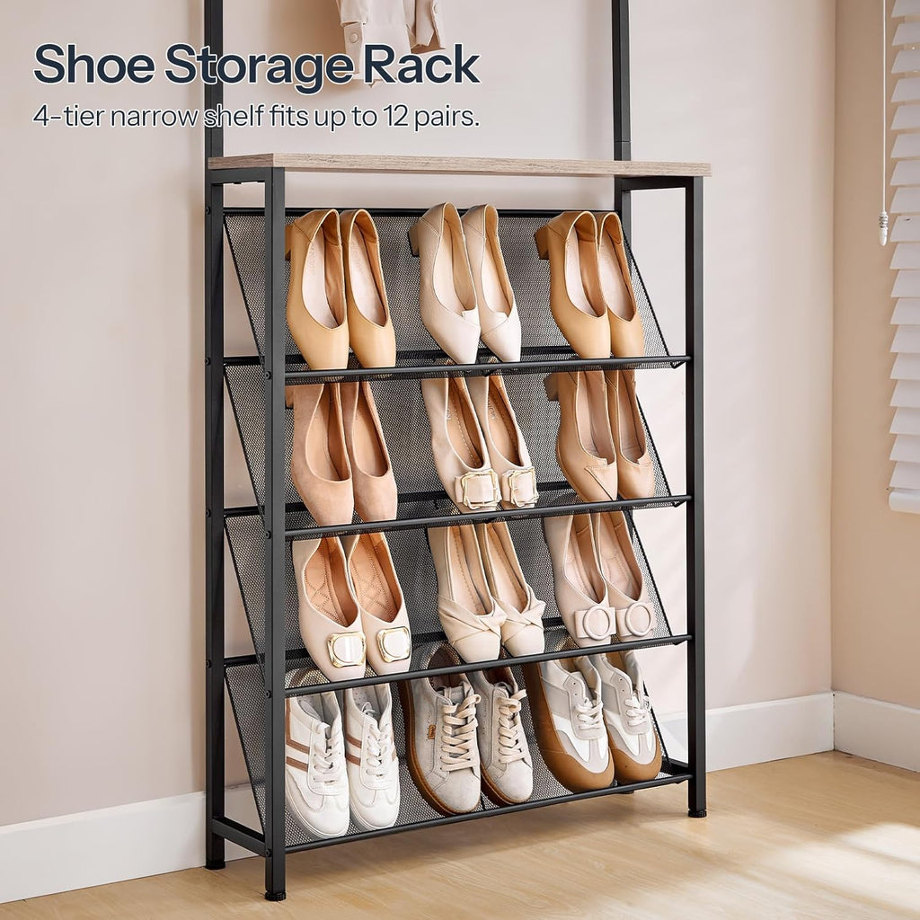 HOOBRO Hall Tree with Bench, Narrow Shoe Rack with Coat Rack, Coat Rack with Shoe Storage, 5 Tier Slanted Shoe Storage Organizer, Coat and Shoe Rack Entryway, Slim Hall Tree, Greige BG20MT01