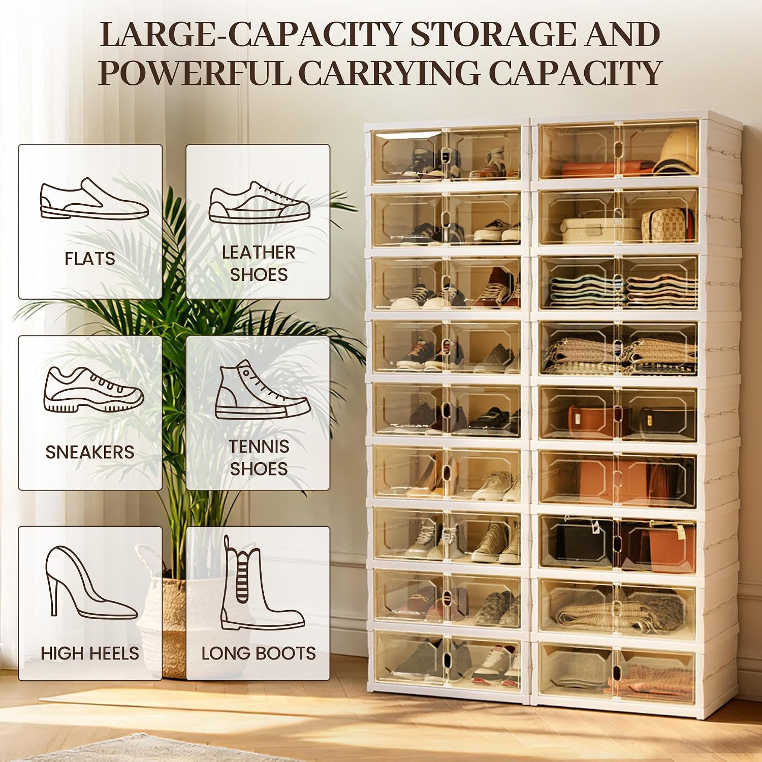 Foldable Shoe Rack Set of 2, 9 Tier Collapsible Shoe Rack with Magnetic Doors, Large Capacity Clear Display Cabinet with Wheels for 18 Pairs, Apartment Entryway