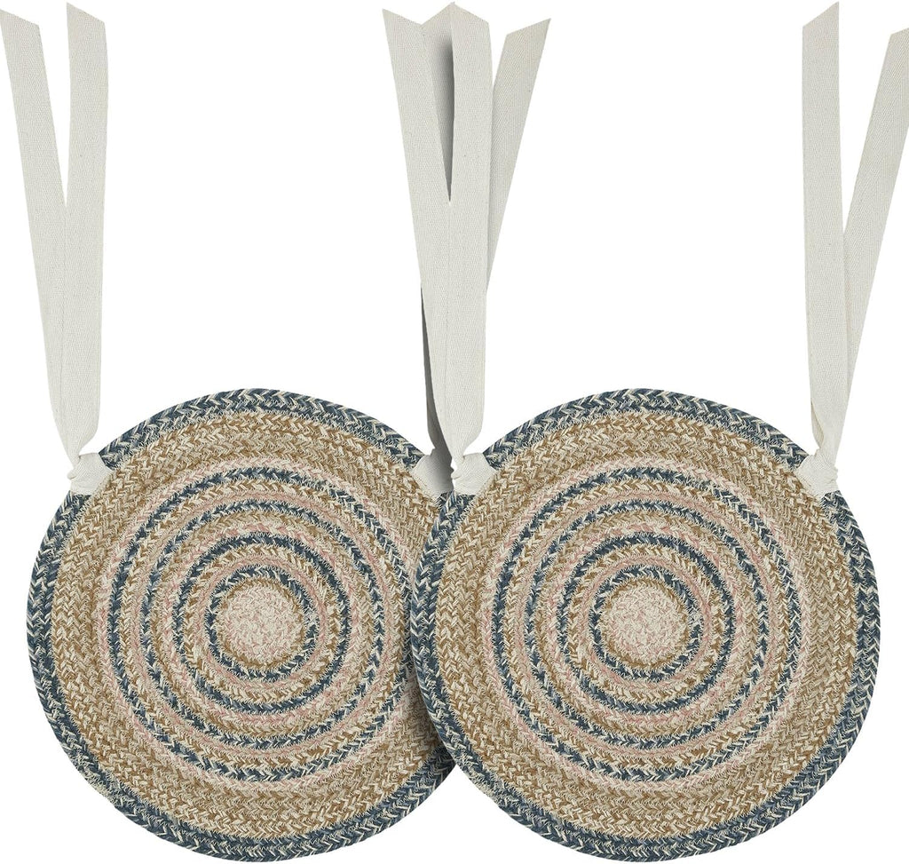 VHC Brands Kaila Farmhouse 15 in Chair Pad Blue Textured Jute Striped Round Kitchen Table Decor, Set of 2