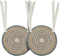 VHC Brands Kaila Farmhouse 15 in Chair Pad Blue Textured Jute Striped Round Kitchen Table Decor, Set of 2
