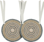 VHC Brands Kaila Farmhouse 15 in Chair Pad Blue Textured Jute Striped Round Kitchen Table Decor, Set of 2