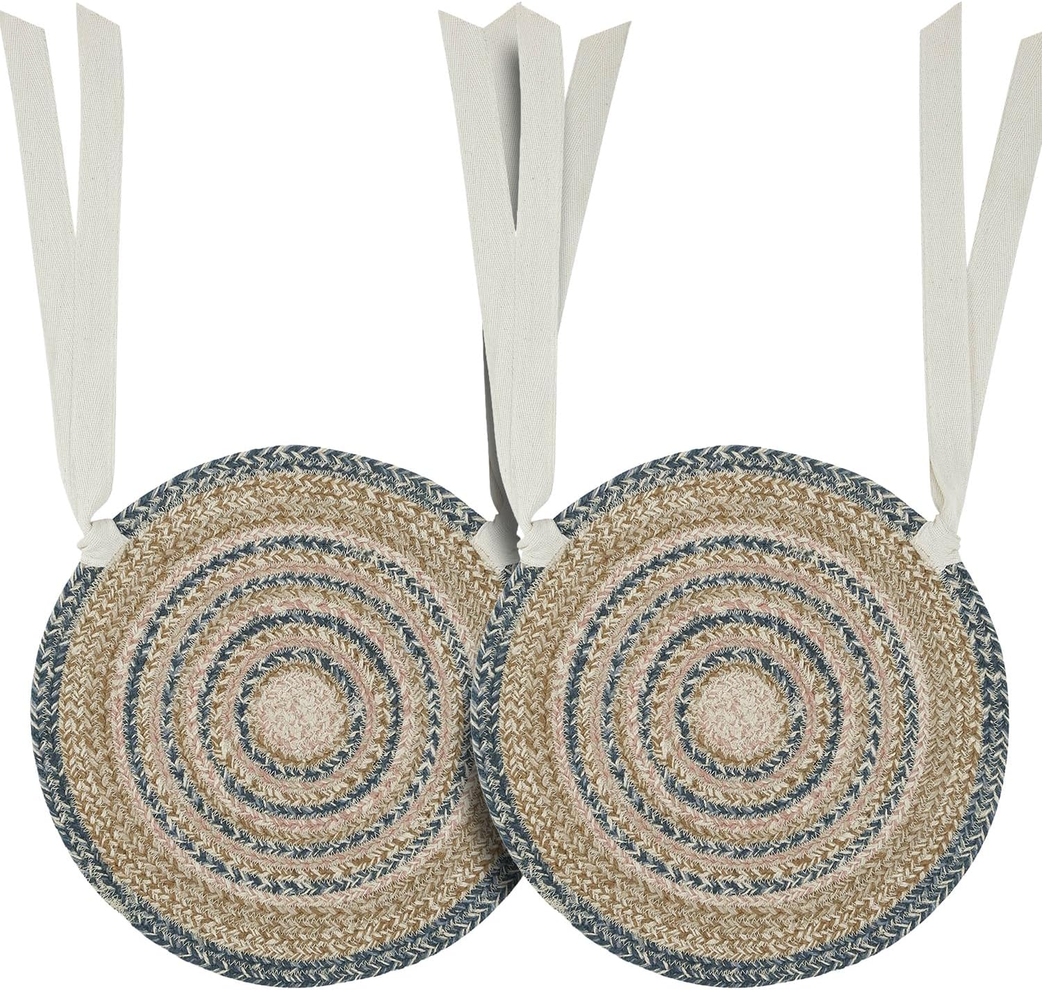 VHC Brands Kaila Farmhouse 15 in Chair Pad Blue Textured Jute Striped Round Kitchen Table Decor, Set of 2