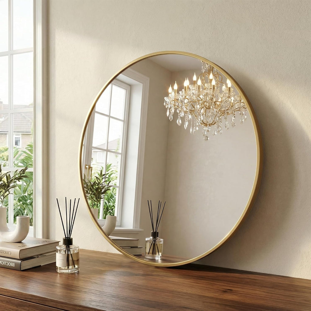 36 Inch Gold Round Bathroom Wall Mirror, Round Mirrors for Wall Decor, Circle Mirror for with HD Shatter-Proof Glass for Entryway, Living Room, Bedroom, Dressing Room, Home Decor