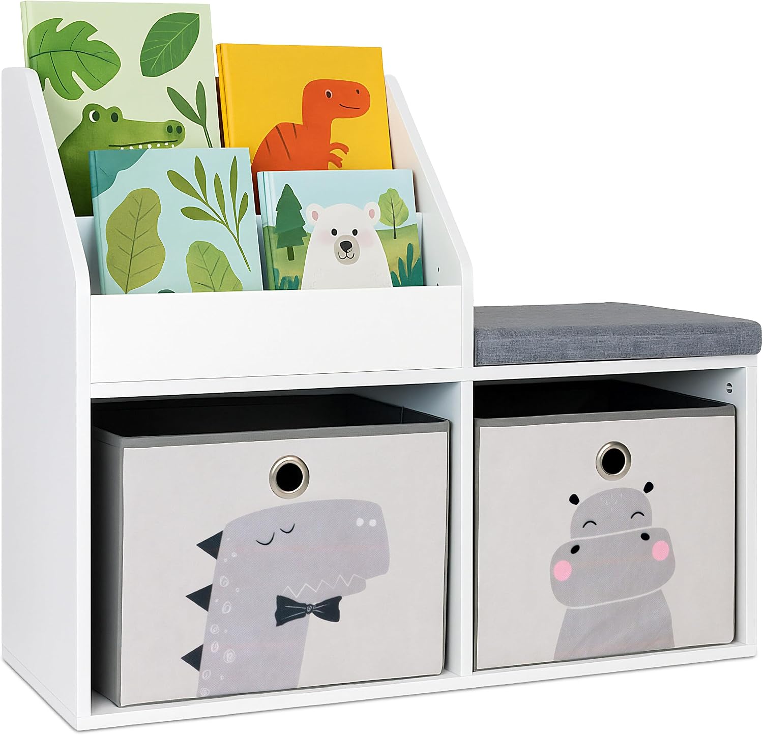 Relaxdays children's bench with storage, HWD: 72 x 79 x 31 cm, 2 foldable boxes, bookshelf, padded seat, white/grey, Fibreboard, Polyester, Foam