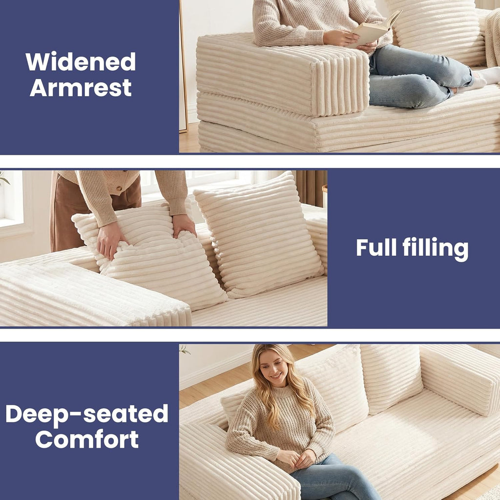 Convertible Sofa Bed, 4-in-1 Boneless Loveseat with Removable Armrests Backrest, Corduroy Futon Couch Bed with Pillow, Foldable Mattress Sleeper Sofa for Living Room Bedroom Small Place (Beige)