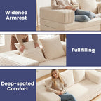 Convertible Sofa Bed, 4-in-1 Boneless Loveseat with Removable Armrests Backrest, Corduroy Futon Couch Bed with Pillow, Foldable Mattress Sleeper Sofa for Living Room Bedroom Small Place (Beige)