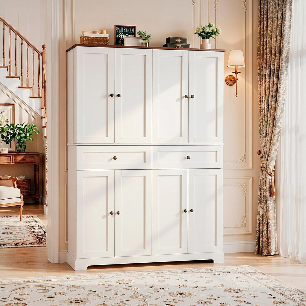 HUAHUU 71" Kitchen Pantry Cabinet with 6 Door Shelves, Tall Pantry Storage Cabinet with 8 Doors & 4 Adjustable Shelves, Modern Kitchen Pantry with 2 Large Drawers for Dining Room, Living Room, White