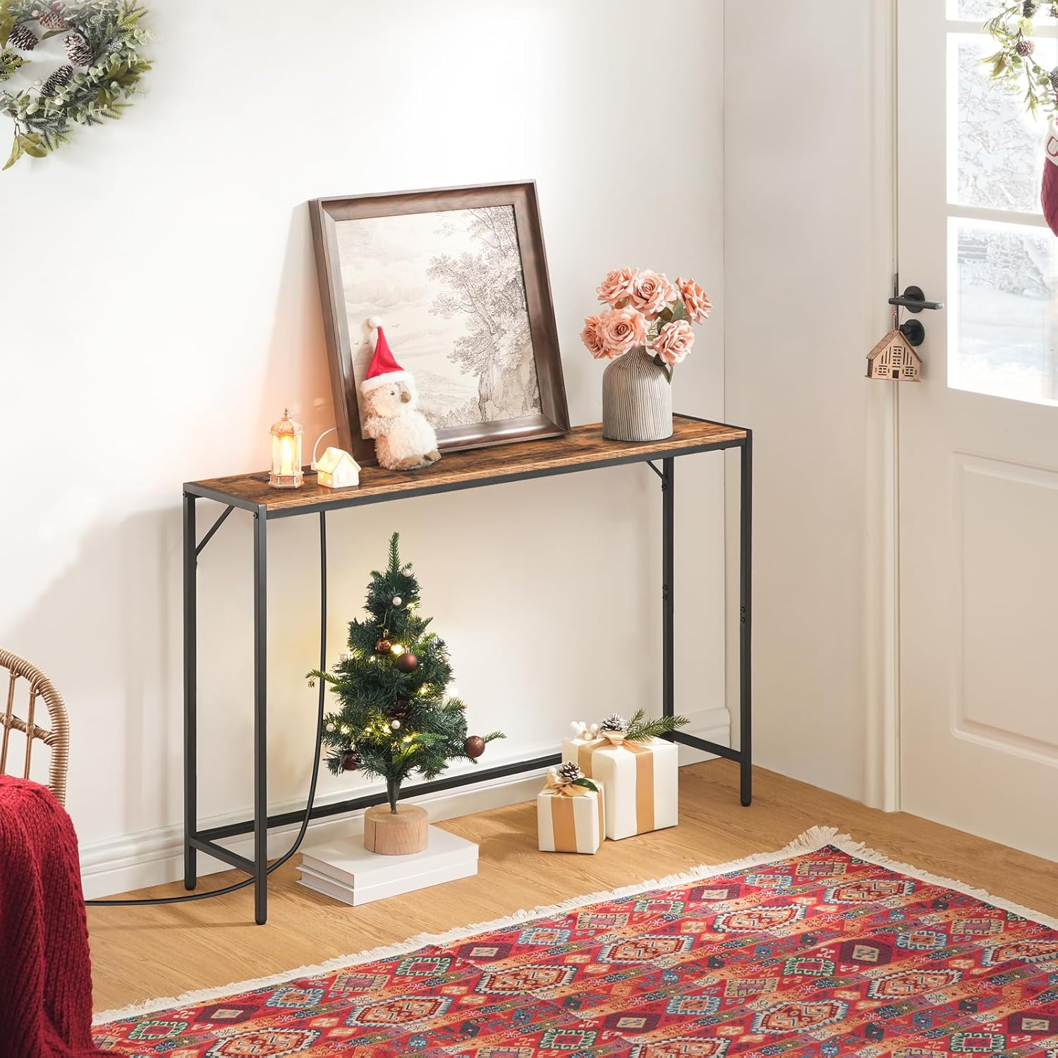 MAHANCRIS Console Table, Narrow Sofa Table, 43.7” Entrance Table with Power Station, Behind Couch Table, Simple Style, for Living Room, Hallway, Entryway, Foyer, Rustic Brown and Black CTHR112E01