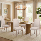 Upholstered Dining Chair Modern Stylish Parsons Kitchen Diner High Back with Silver Nailhead Trim & Wood Legs, Set of 4, Fabric Beige