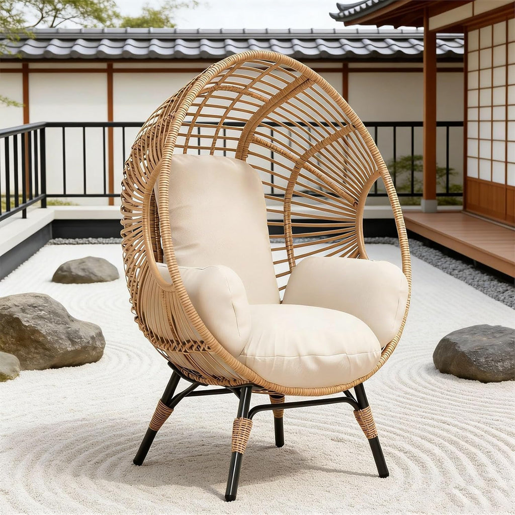 Wicker Chair Egg Style, 400lbs Capacity, 8-Inch Plush Cushion, Indoor Outdoor Balcony Chairs(Natural)