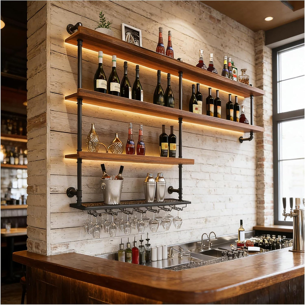70.9in Large Wine Rack with LED Light, 4 Tiers Solid Wood Wall Mounted Wine Rack, Industrial Liquor Bottles Floating Shelves with Glass Holder for Home Bar/Dining Room (70.9in/180cm)