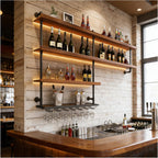 70.9in Large Wine Rack with LED Light, 4 Tiers Solid Wood Wall Mounted Wine Rack, Industrial Liquor Bottles Floating Shelves with Glass Holder for Home Bar/Dining Room (70.9in/180cm)