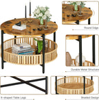 AWQM 3 Pieces Coffee Table Set for Living Room, 2 Tier Round Rattan Coffee End Side Table, Boho Living Room Table Set with Metal Frame for Bedroom Office