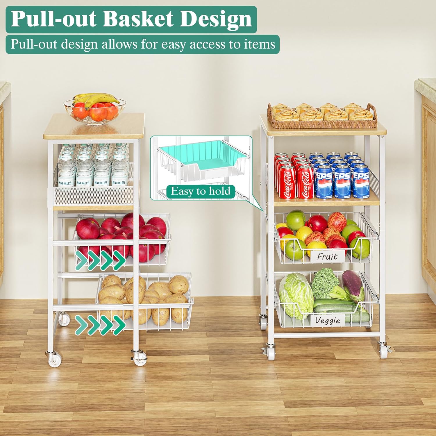 Giwil Vegetable Fruit Basket for Kitchen Pantry Organizers Storage, 4-Tier Utility Rolling Cart on Wheels with Wood Rack and Drawer Wire Baskets for Onions Potatoes Snacks, White