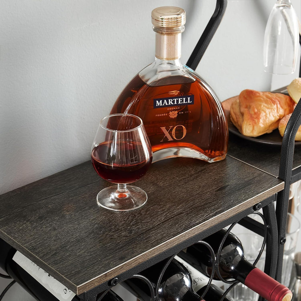 5-Tier Wine Rack Freestanding Floor, 11 Bottles Modern Wooden Wine Holder-Storage Cabinet for Home Bar, Kitchen, Dining Room Space Saving Bar Stand with Easy Assembly. (Black/Gray)