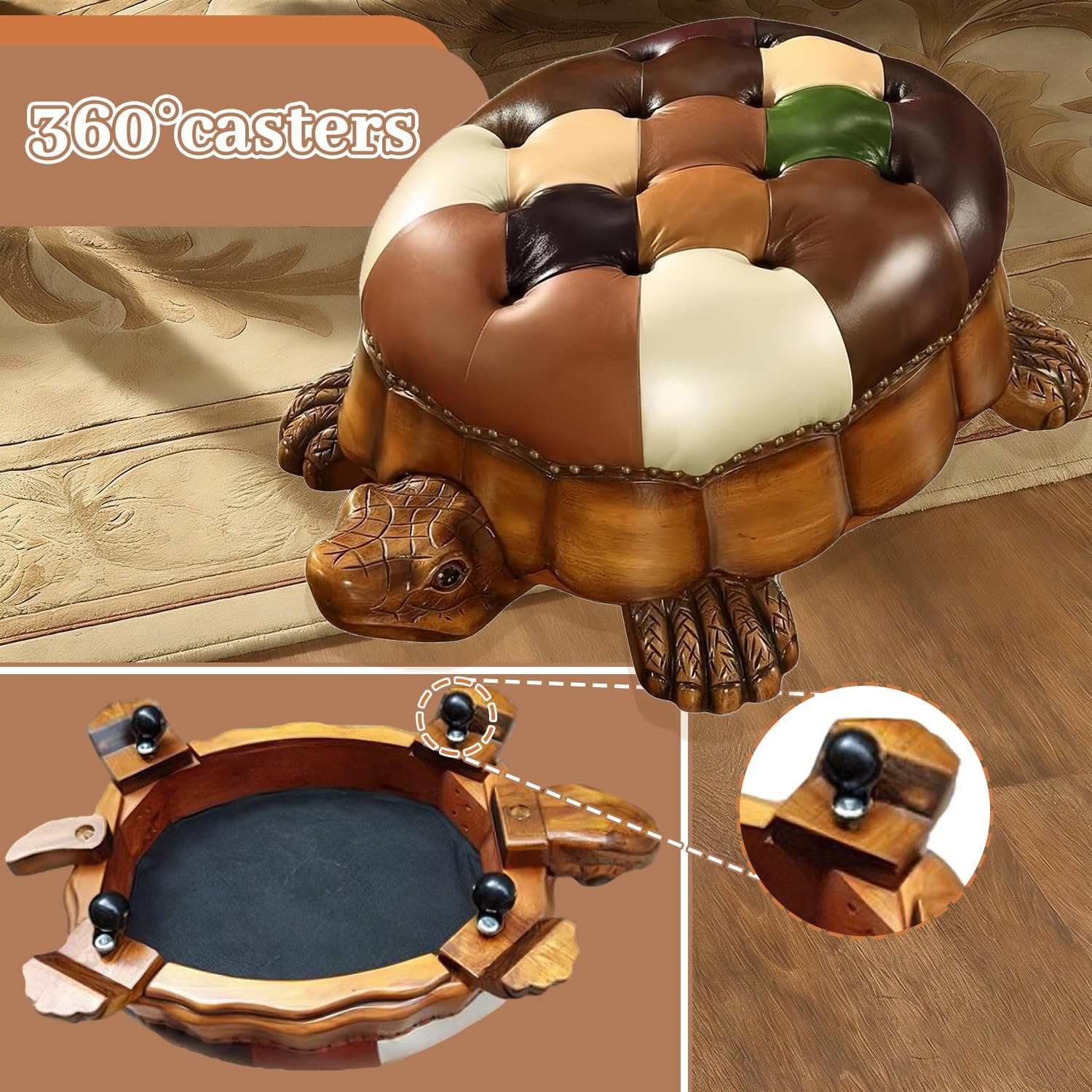 Wood Ottoman Footstool,Animal Footstool Turtle Upholstered Ottoman with Wheels Under Desk Step Stool Padded Seat Shoes Bench Kids Chair Seat for Living Room Bedroom (Brown, 80cm/31.5in)