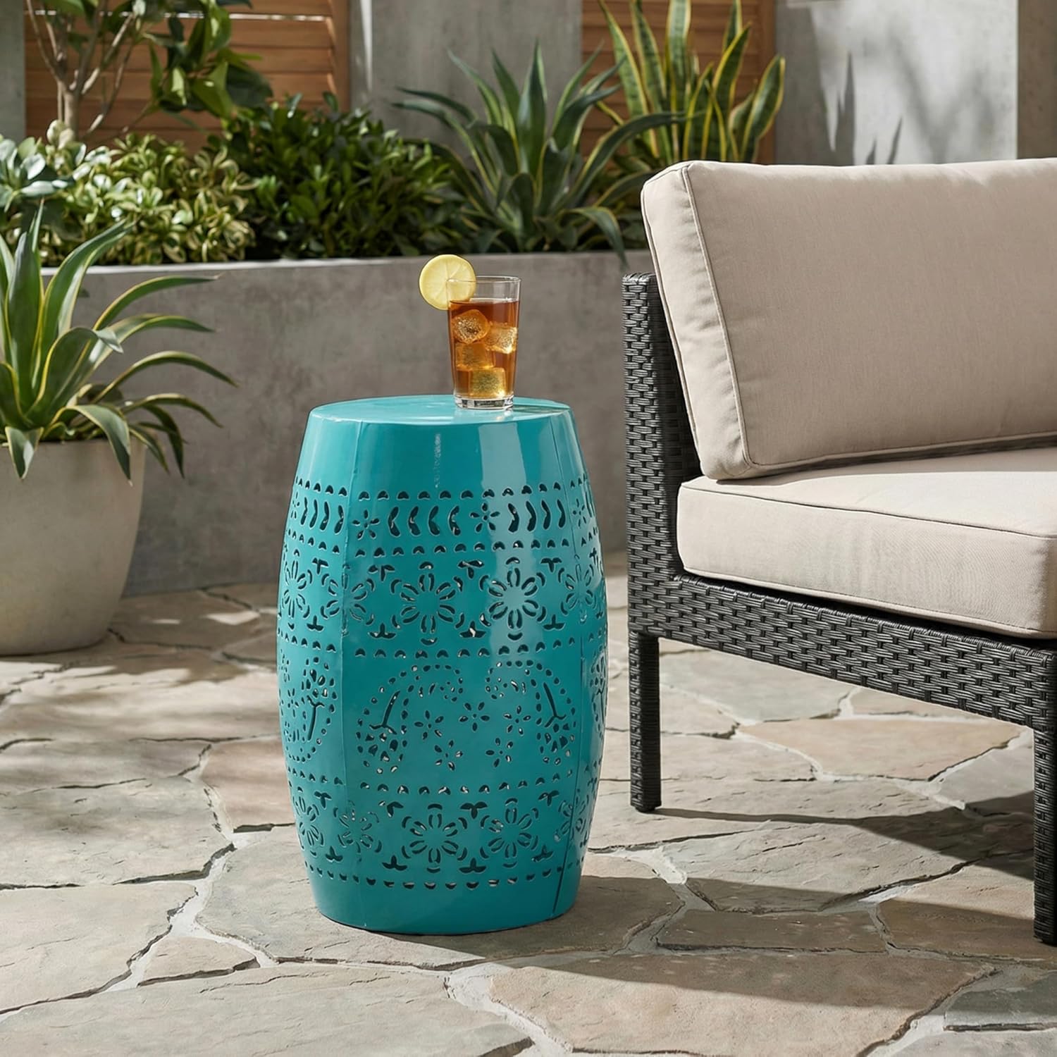 12" Metal Side Table with Floral Cutout for Balcony & Patio: 50 lbs Capacity, Rust-Resistant Teal Finish - No Assembly Required for Instant Decor Upgrade