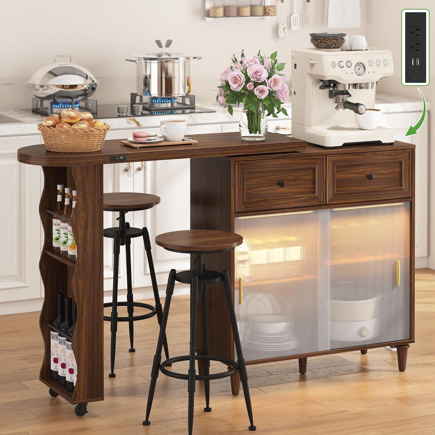 69" Kitchen Island with 360° Rotating Table, Bluetooth Speakers, LED Lighting, Adjustable Shelves, Storage Cabinet & Power Outlet – Walnut Finish Extendable Dining Table for Kitchen, Dining Room, Bar