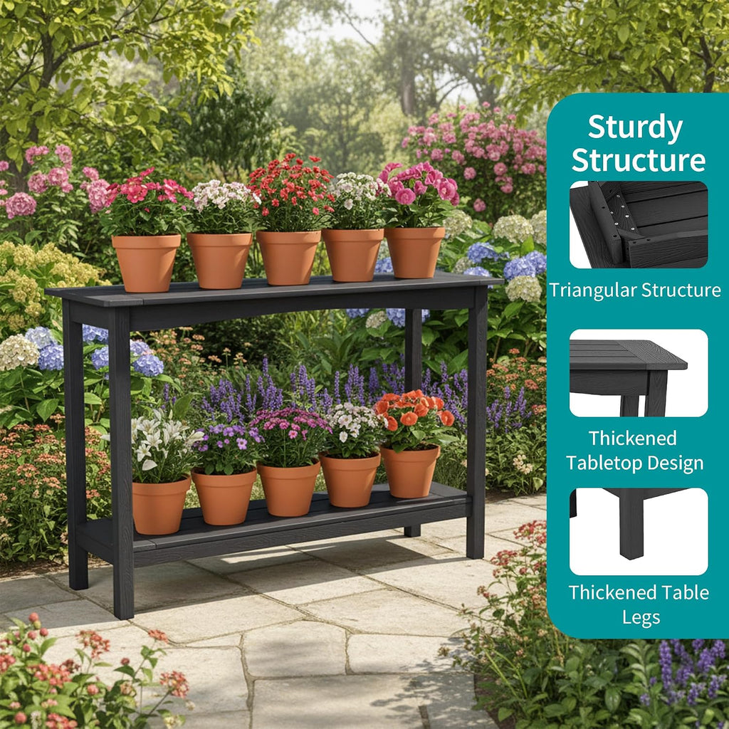 Outdoor Console Table, All-Weather 2-Tier Patio Console Table, Outside Plant Stand Table, Low Maintenance, Never Rot or Fade, HIPS Table for Indoor, Backyard, Garden, Entryway, Black