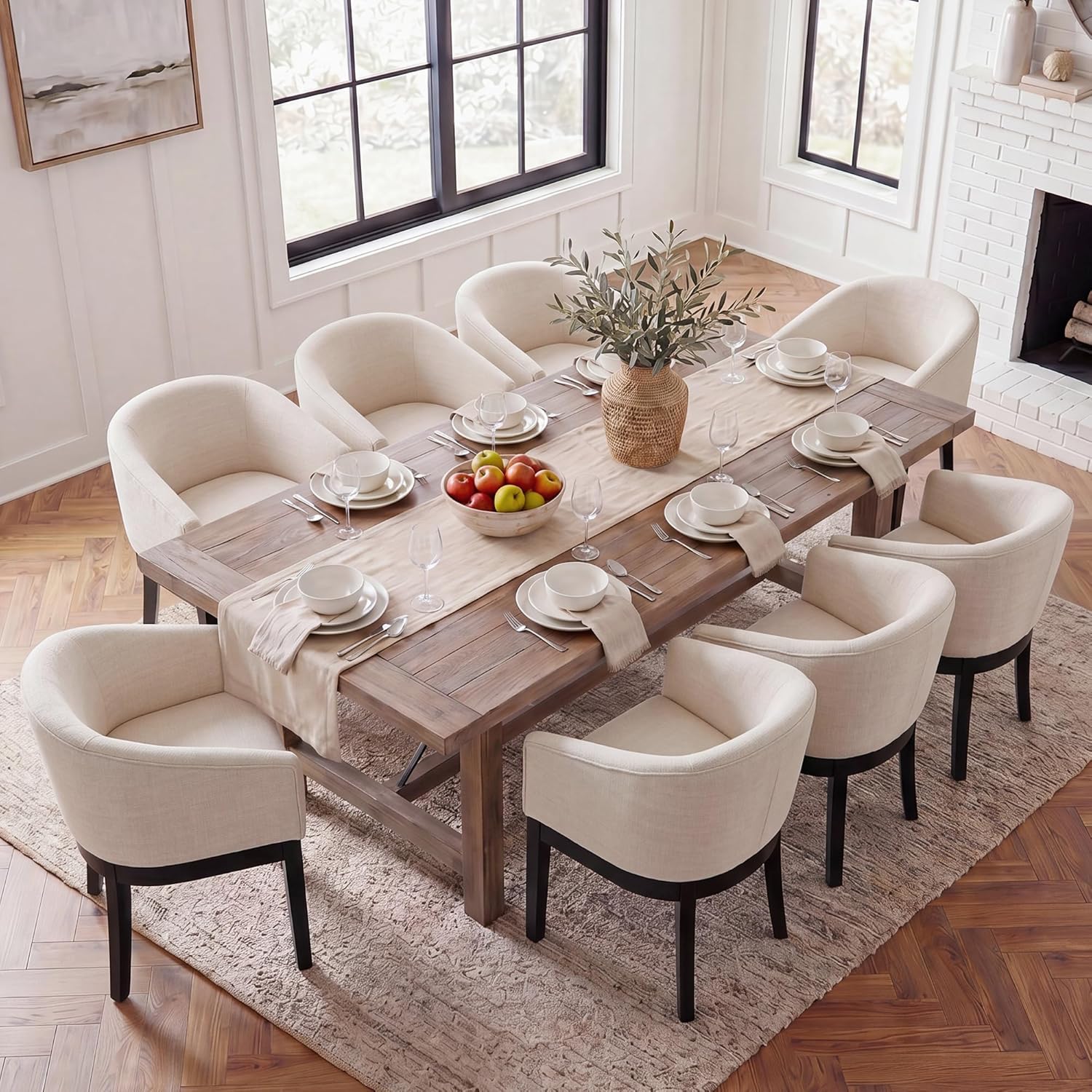 HNY Barrel Dining Chairs Set of 8, Mid Century Modern Upholstered Dining Chairs with Arms, Linen Kitchen & Dining Room Chairs, Solid Wood Frame Accent Chairs for Kitchen, Apartment, Cream
