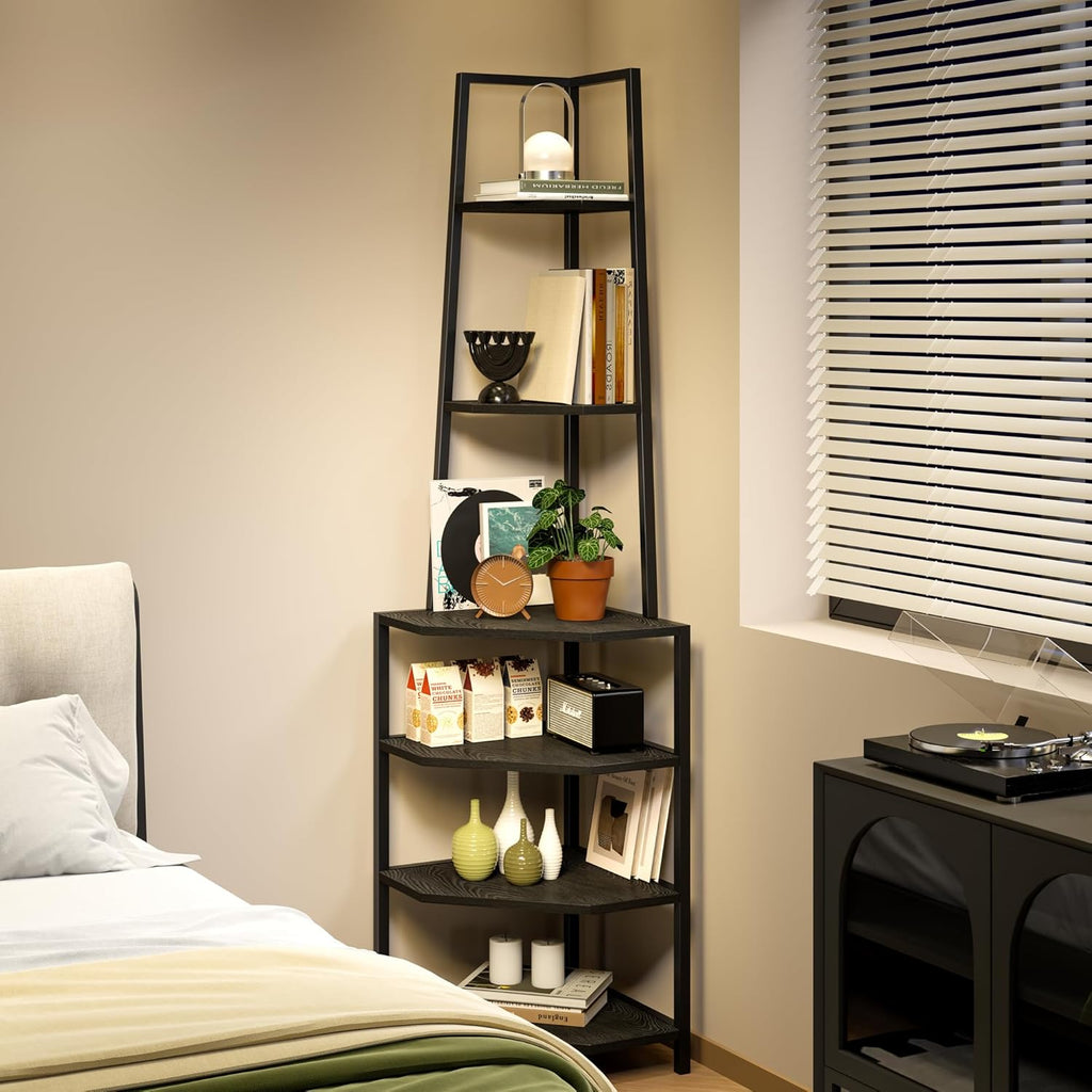 VECELO 6 Tier Corner Shelf 69 Inch Industrial Bookshelf with Metal Frame, Multipurpose Tall Plant Stand with Opening Display Shelves for Living Room, Bedroom, Home Office, Small Space, Black