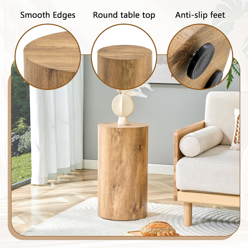 21.6''H Boho Cylinder Side Table for Living Room, Natural Wood Accent Tables with Tribal Pattern Design, Farmhouse Drum End Table for Couch Bedroom, Bedside Nightstand, No Assembly