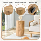 21.6''H Boho Cylinder Side Table for Living Room, Natural Wood Accent Tables with Tribal Pattern Design, Farmhouse Drum End Table for Couch Bedroom, Bedside Nightstand, No Assembly