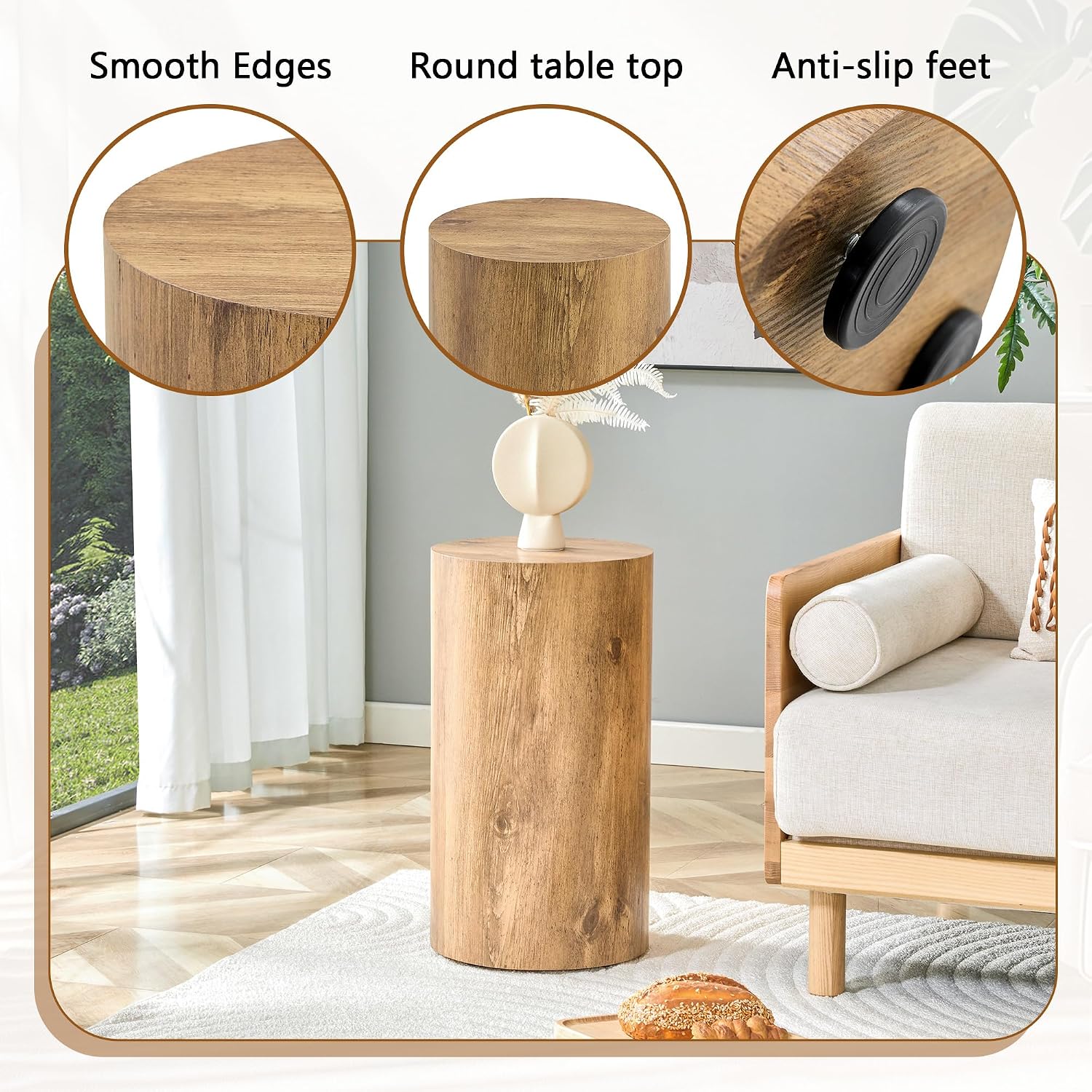 21.6''H Boho Cylinder Side Table for Living Room, Natural Wood Accent Tables with Tribal Pattern Design, Farmhouse Drum End Table for Couch Bedroom, Bedside Nightstand, No Assembly