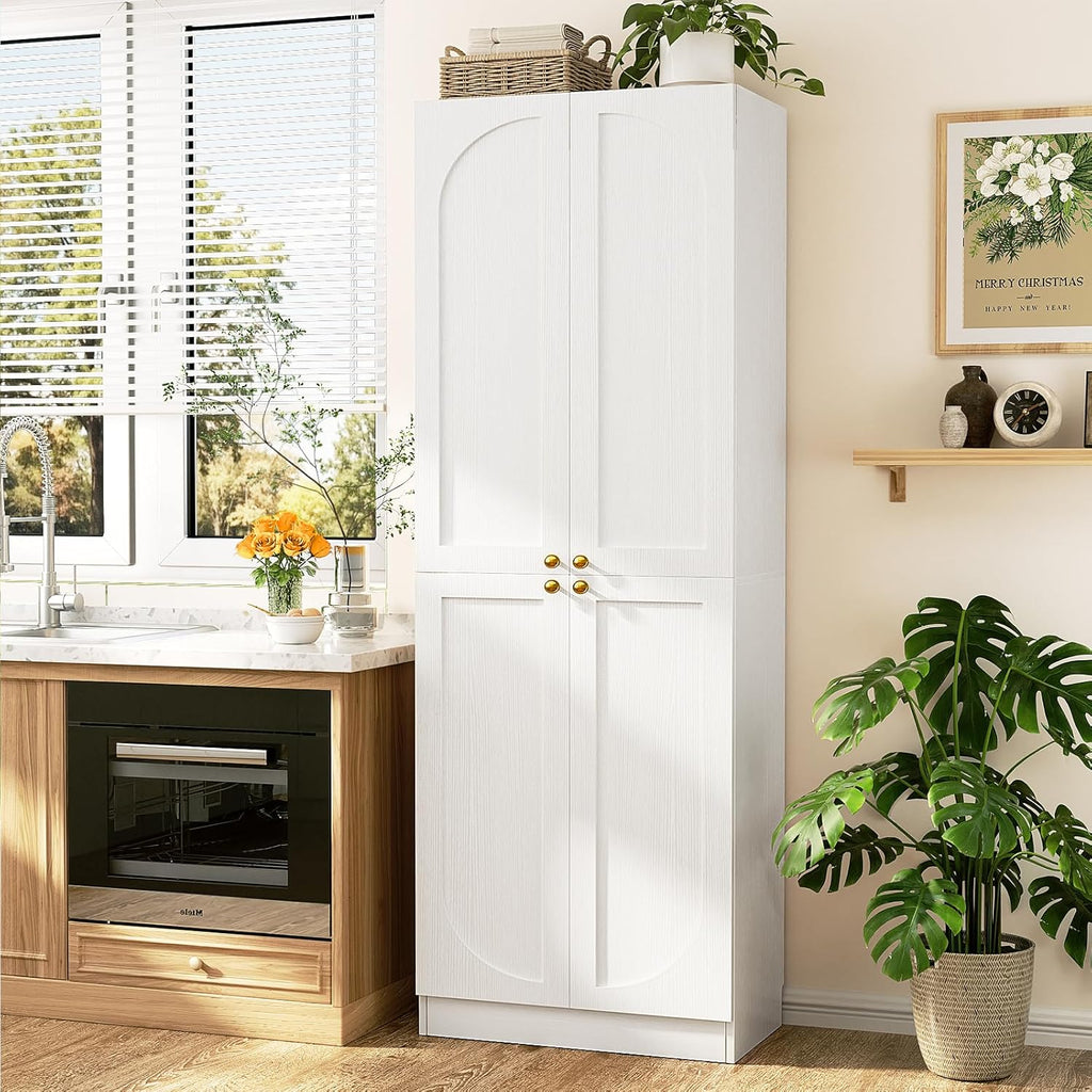 Cyclysio 80" Kitchen Pantry, Extra Tall Arch Storage Cabinet with 4 Soft Close Doors and Adjustable Shelves, Freestanding Wood Cupboard with Seamless Fit Wall for Dining Living Room Bathroom Furniture