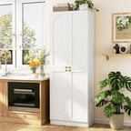 Cyclysio 80" Kitchen Pantry, Extra Tall Arch Storage Cabinet with 4 Soft Close Doors and Adjustable Shelves, Freestanding Wood Cupboard with Seamless Fit Wall for Dining Living Room Bathroom Furniture