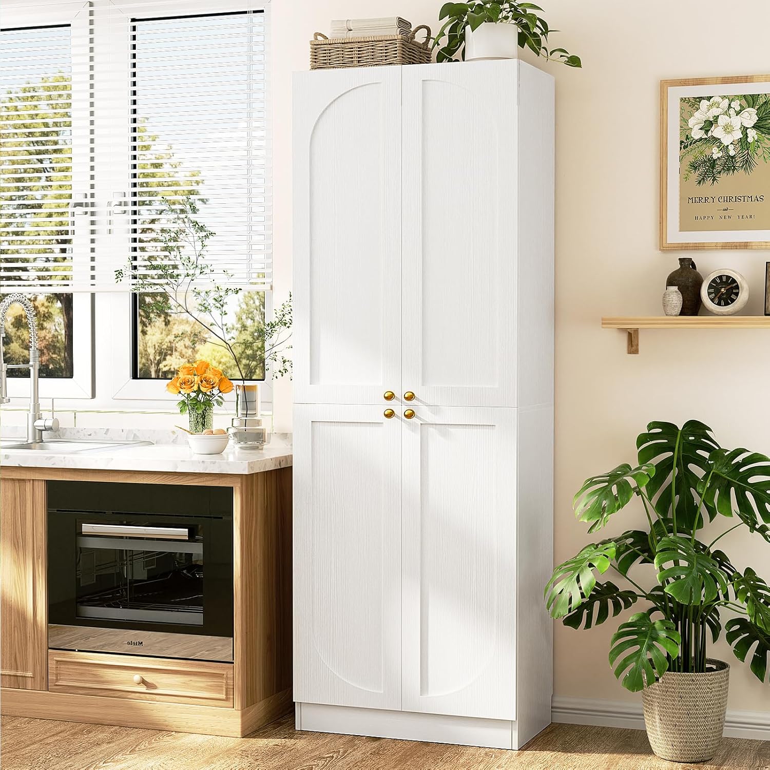 Cyclysio 80" Kitchen Pantry, Extra Tall Arch Storage Cabinet with 4 Soft Close Doors and Adjustable Shelves, Freestanding Wood Cupboard with Seamless Fit Wall for Dining Living Room Bathroom Furniture