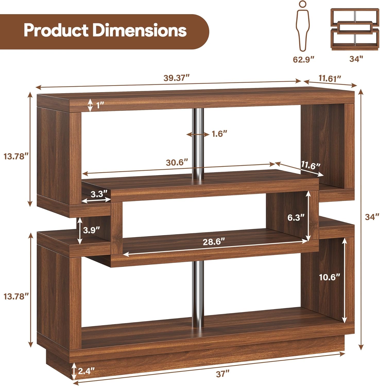 knoworld 40" Console Table for Entrayway, Farmhouse Entry Table with 4 Tier Storage, Narrow Sofa Table Behind The Couch for Entrance, Living Room, Hallway, Foyer, Brown