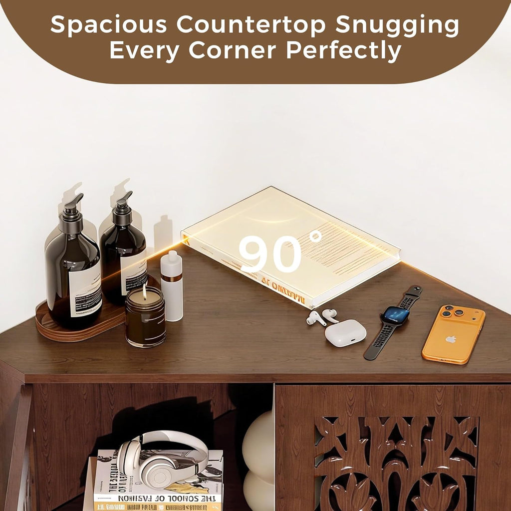 3More 2-Door Retro Accent Corner Cabinet, Hollow Carved Doors Storage Cabinet with Adjustable Shelf and Gold Aluminum Handles, Furniture for Living Room Dining Room Bathroom