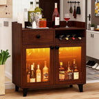 COCO DESIGN Small Wine Cabinet with Glass Doors, Liquor Bar Cabinet with Light for Alcohol, Buffet Coffee Sideboard with Adjustable Shelf for Kitchen, Walnut