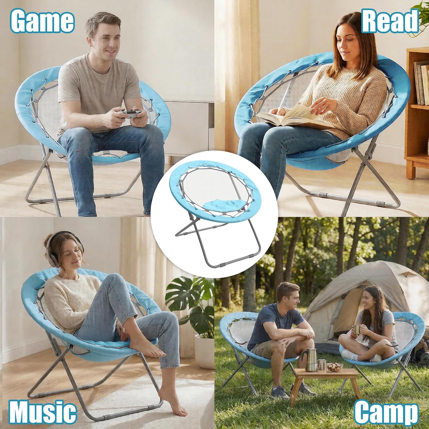 Bungee Chair, Portable Bouncy Lightweight Round Folding Dish Chair for Adults - Perfect for Dorm, Bedroom, Game Room, Patio & Indoor/Outdoor Use (Blue)