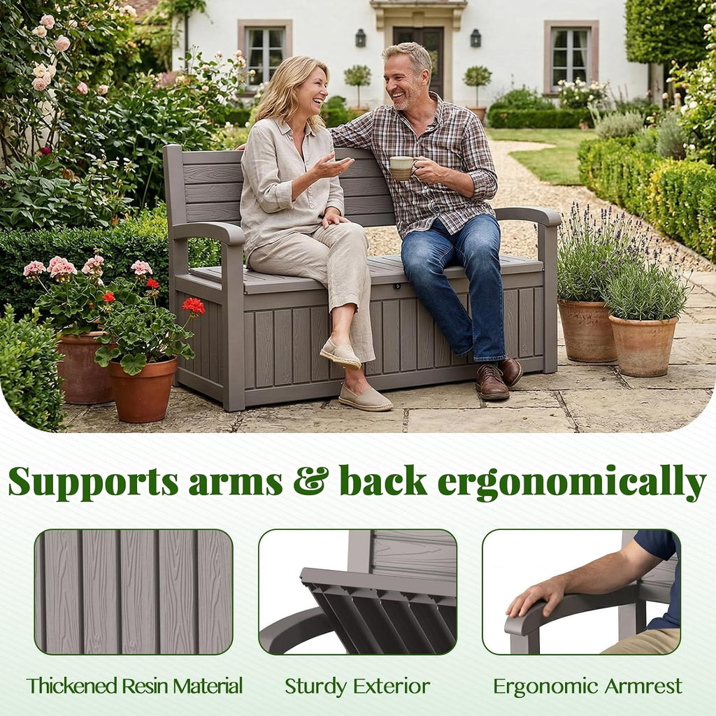 Vixzen 80 Gallon Outdoor Storage Bench, Lockable All-Weather Resin Seating with Hidden Storage Deck Box, Waterproof Patio Furniture for Pool Garden (Grey-Wood Grain)