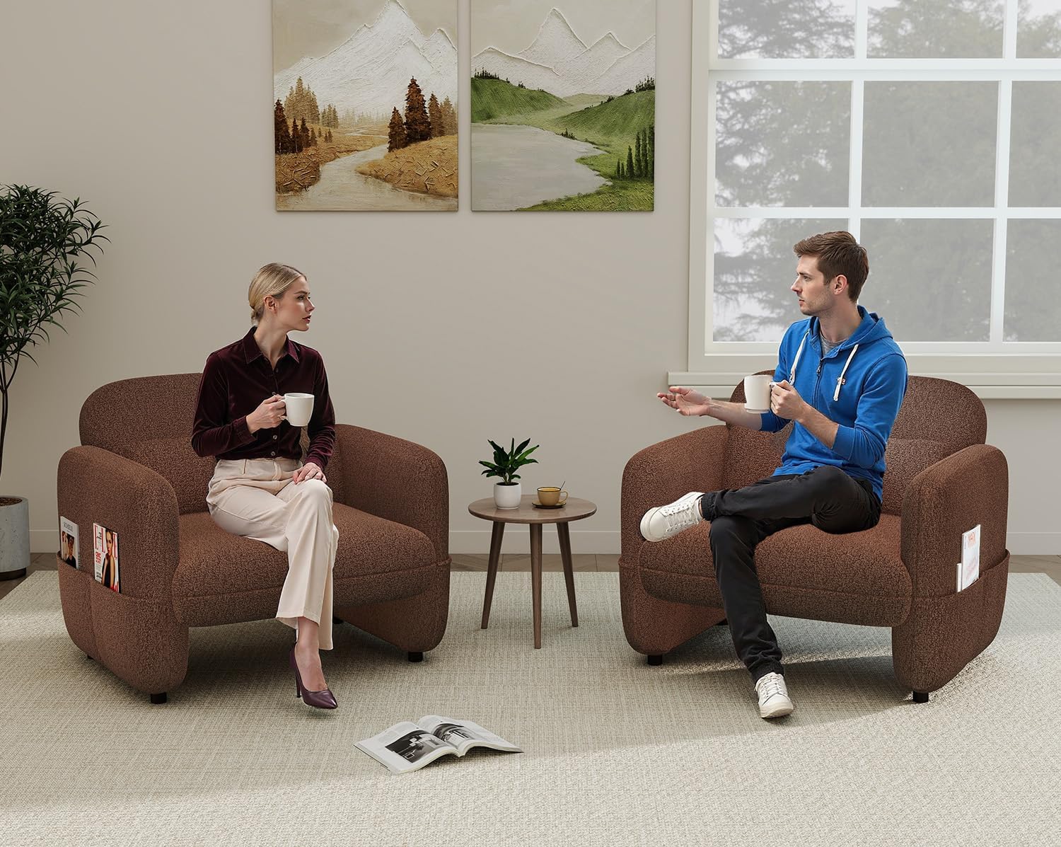 33.46" Accent Chairs Set of 2, Comfy Living Room Reading Chairs, Oversized Sherpa Lamb Lounge arm Chair with Waist Pillow for Bedroom and Living Room (Dark Brown)