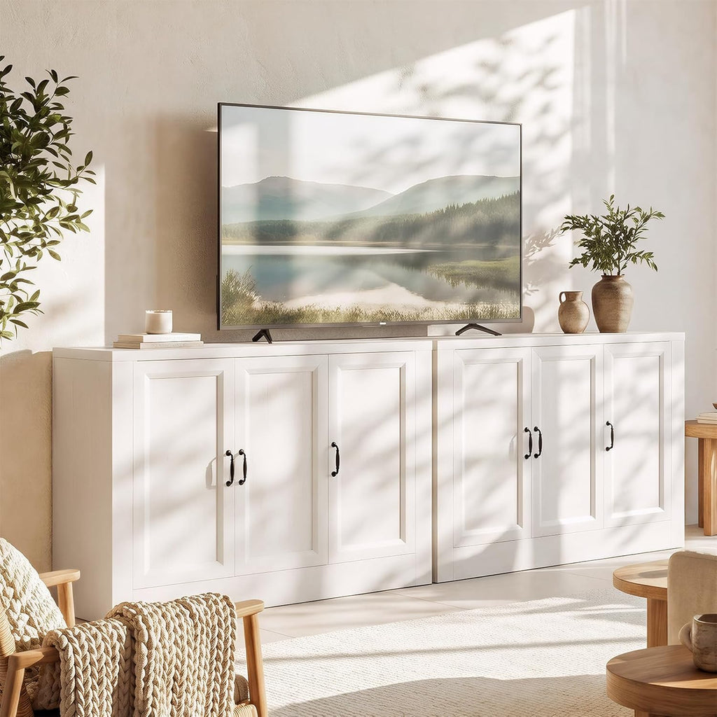 78" Modular Buffet Sideboard Cabinet Set of 2, Large Coffee Bar Station with Adjustable Shelves & Anti-Tip Safety, Waterproof 3-Door Media Console for Living Room, White