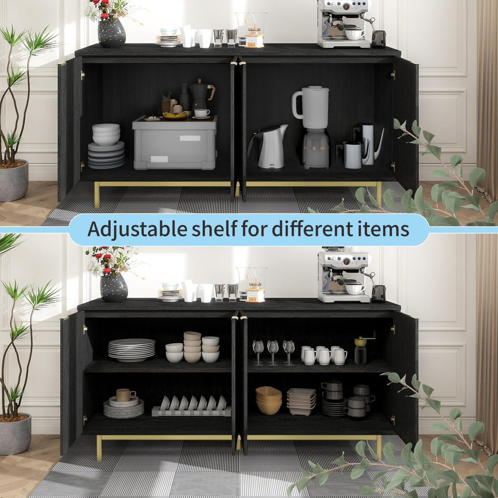 MUUEGM Buffet Cabinet with Storage, 58" Fluted Sideboard Kitchen Storage Cabinets with Shelves and 4 Doors, Modern Wood buffets & Sideboards for Dinging Room, Living Room, Black Storage Cabinet