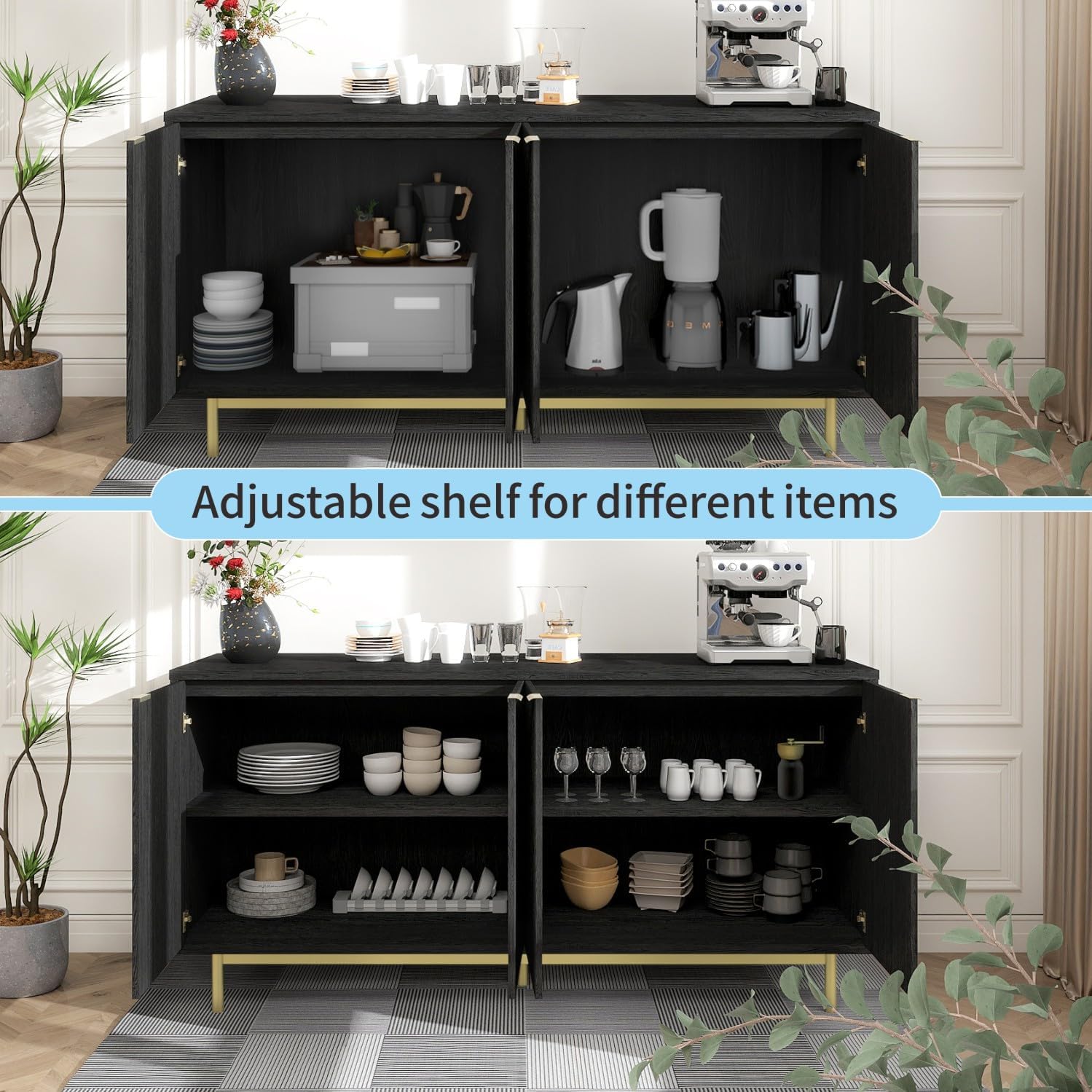 MUUEGM Buffet Cabinet with Storage, 58" Fluted Sideboard Kitchen Storage Cabinets with Shelves and 4 Doors, Modern Wood buffets & Sideboards for Dinging Room, Living Room, Black Storage Cabinet