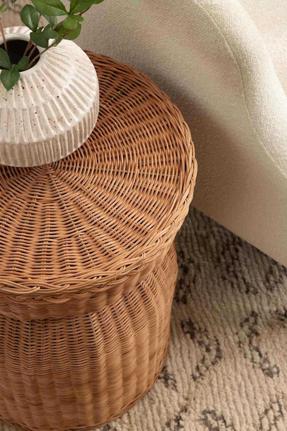 Kate and Laurel Thatch Modern Woven Rattan Round Storage Side Table, 17 x 17 x 21, Natural Rattan, Lift-Top End Table for Use as Hidden Storage Basket, Nursery Toy Storage, or Small Laundry Hamper
